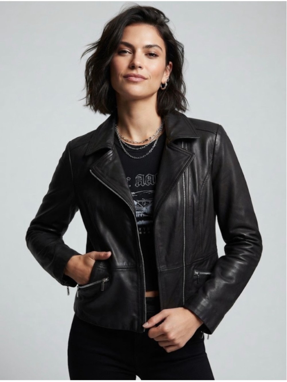 Context Black Leather Moto Jacket Size 6